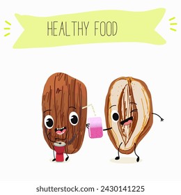 Cute  cartoon dates, date fruit characters with different activities. Flat vector illustration, funny fruits. Organic food.