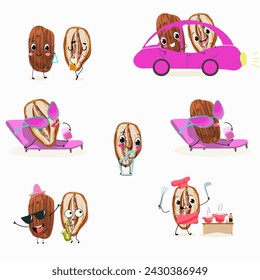 Cute cartoon dates, date fruit characters set, collection. Flat vector illustration. Activities, playing musical instruments, sports, funny fruits.
