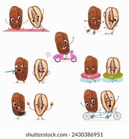 Cute cartoon dates, date fruit characters set, collection. Flat vector illustration. Activities, playing musical instruments, sports, funny fruits.