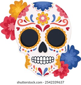 Lindo día de dibujos animados del cráneo muerto. Calavera de Ilustración vectorial plana con coloridos patrones florales y decoraciones tradicionales