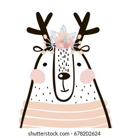 Cute cartoon dear girl in scandinavian style. Childish print for nursery, kids apparel,poster, postcard. Vector Illustration