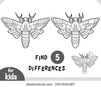 Cute cartoon Deaths head hawkmoth insect, Find differences educational game for children