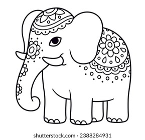 Cute cartoon decorated elephant doodle. Indian elephant with painted flowers. Black and white line art for coloring. Vector clip art illustration. svg