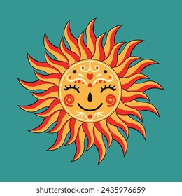 Cute cartoon decorative sun with smiling face closed eyes, simple illustration.