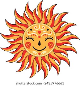 Cute cartoon decorative sun with smiling face closed eyes, simple illustration.