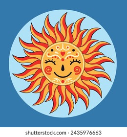 Cute cartoon decorative sun with smiling face closed eyes, simple illustration.