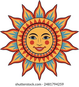 Cute cartoon decorative sun with smiling female face, simple illustration.