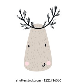 Cute cartoon deer animal with glasses and a scarf. Kids hand drawn vector illustration in scandinavian style.