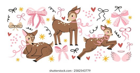 Cute cartoon deer animals with bows. Pink animal stickers for cards in magical fairy tale style. Cute characters in retro doodle coquette style