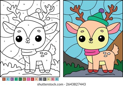 Cute cartoon deer with antlers, hat, and scarf in a color by number activity and finished illustration for children.
