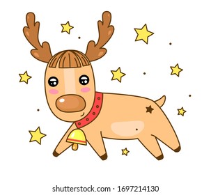 Cute cartoon deer with bell and stars on background. Great character for your design.