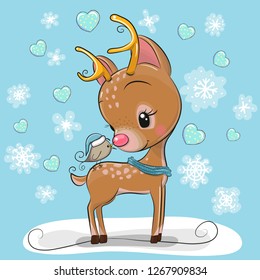 Cute cartoon Deer with bird on a blue background