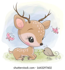 Cute Cartoon deer with bird on the meadow