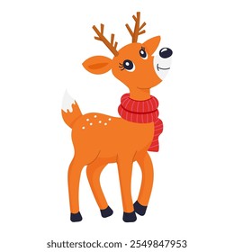 a cute cartoon deer with bright orange fur, white spots, and a bushy white tail. It wears a red scarf, has expressive eyes, and small antlers.