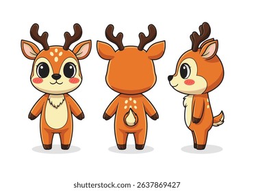 Cute Cartoon Deer Character Set - Front, Back, and Side View for Animation and Mascot. Vector illustraton