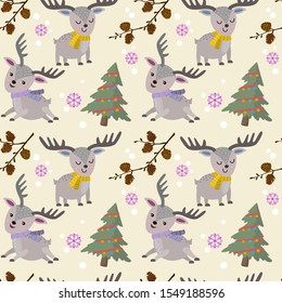 Cute cartoon deer with Christmas tree seamless pattern.