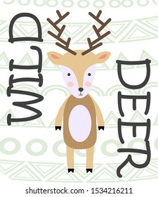 Cute cartoon deer. Composition with folk art animals and floral decor elements. Scandinavian style