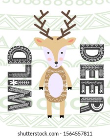 Cute cartoon deer. Composition with folk art animals and floral decor elements. Scandinavian style