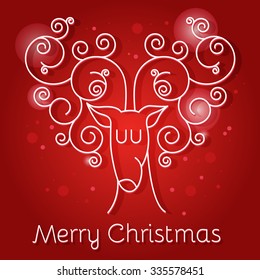 Cute cartoon deer with curly horns Merry christmas background card in linear design Vector illustration.