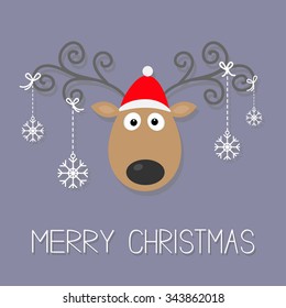 Cute cartoon deer with curly horns, red hat and hanging snowflakes. Merry christmas violet background card Flat design Vector illustration