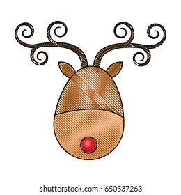 cute cartoon deer with curly horns, red nose head christmas.