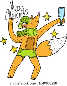 Cute cartoon deer dancing with a glass of alcohol in his hand. Single design element. Clipart. Scandinavian. Postcard, advertising. Christmas, New Year, Winter. Nice style. For kids. Bright colors. 