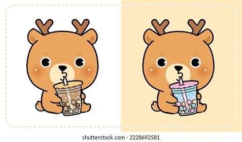 Cute Cartoon Deer Eating Boba Bubble Milk Tea, Animal Drink Icon Concept Vector. Flat Cartoon Style