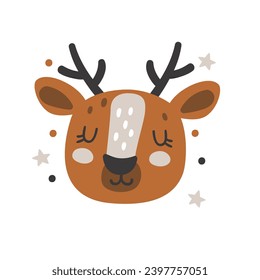 Cute cartoon deer face with stars in a childish style. Portrait of a deer with closed eyes. Vector illustration for poster, card, logo, kids room decor.