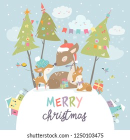 Cute Cartoon Deer family. Merry Christmas and Happy New Year