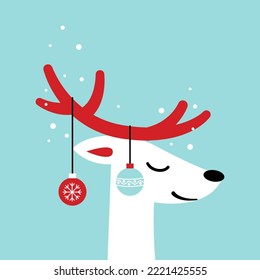 Cute cartoon deer in a flat style on a blue background with snow and christmas balls. Modern poster for prints, baby cards, t-shirts and more. Vector illustration