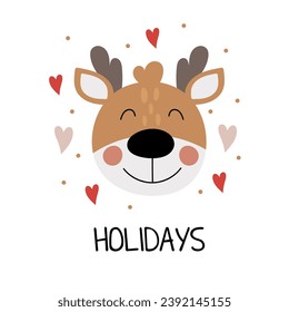 Cute cartoon deer in flat style with hearts. Greeting card with deer.