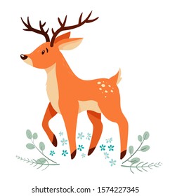 Cute cartoon deer with floral elements. Vector illustration on a white background.