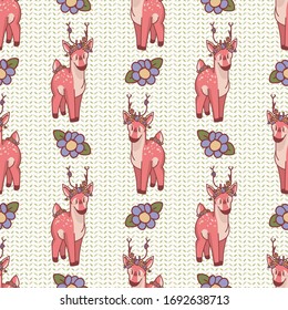 Cute cartoon deer with flower seamless pattern. Kawaii girly doe animal flat color background. Childish hand drawn doodle style. For baby nursery decor, boho kids fashion, woodland swatch.