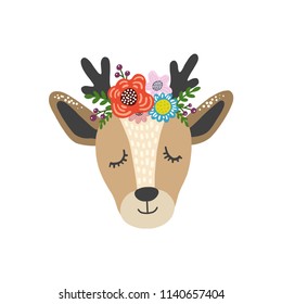 Cute cartoon deer in flower wreath. Childish print for nursery, kids apparel, postcard, poster. Hand drawn vector illustration.