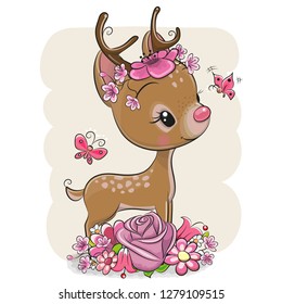 Cute Cartoon Deer with flowers and butterflies on a white background