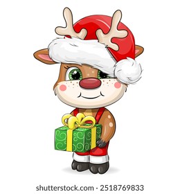 Cute cartoon deer with gift in a Santa`s hat. Chtistmas vector illustration of animal on white background. 