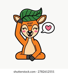 Cute cartoon deer with green leaf on head and pink heart in speech bubble fawn animal