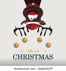 Cute cartoon deer 
hanging upside down with hanging christmas ball toys on horns Merry christmas background card Flat design Vector illustration