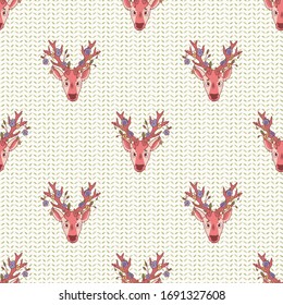 Cute cartoon deer head flower crown seamless pattern. Kawaii girly doe animal flat background. Childish hand drawn doodle style. For baby nursery decor, boho kids fashion, woodland textile swatch.