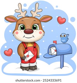 Um bonito veado de desenho animado com uma carta fica ao lado da caixa de correio. Ilustração do vetor de Natal em um fundo azul com neve.