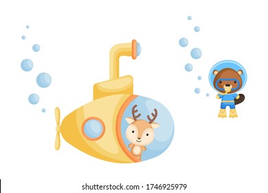 Cute cartoon deer looks out of submarine window and cute beaver in diving suit swim underwater. Design of t-shirt, album, card, invitation. Flat vector illustration isolated on white background.