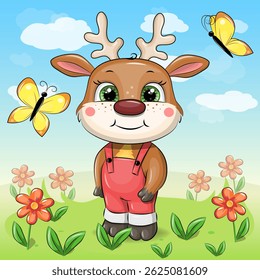 Cute Cartoon Deer in Nature. Vector Illustration of Animal with Flowers, Butterflies and blue Sky.