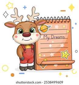 A cute cartoon deer and a notebook with stickers. Vector illustration of animal on a white background with stars, circles.