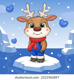 Cute cartoon deer on ice. Winter vector illustration of an animal on a blue background with snow and icebergs.