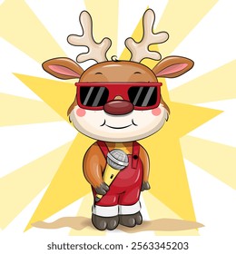 Cute cartoon deer with red glasses and a yellow microphone. Vector illustration of a singer.