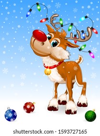 Cute cartoon deer with a red nose and a little bell. Christmas decorations. Winter blue background. Snowflakes, winter. Greeting card.