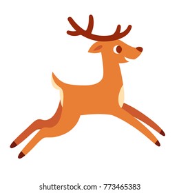 Cute cartoon deer running or jumping. Happy vector reindeer illustration.