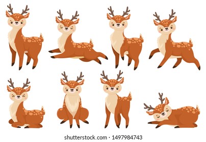 Cute cartoon deer. Running reindeer, wildlife fawn and deers child. Xmas reindeer character or wildlife forest deer mammal. Isolated vector illustration icons set