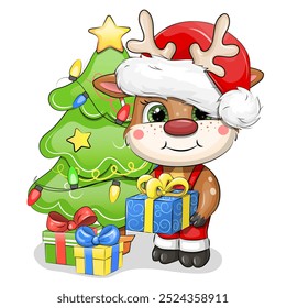 Um bonito veado de desenho animado em um chapéu de Papai Noel possui um presente azul e fica ao lado da árvore de Natal. Ilustração do vetor animal do ano novo no fundo branco.