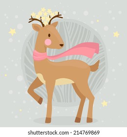 Cute cartoon deer in scarf and stars in horns on abstract background